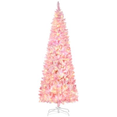 7.5ft Pink Snow Flocked Artificial Christmas Tree, Pencil Shape with Pine Branches, Warm White LEDs, Auto Open