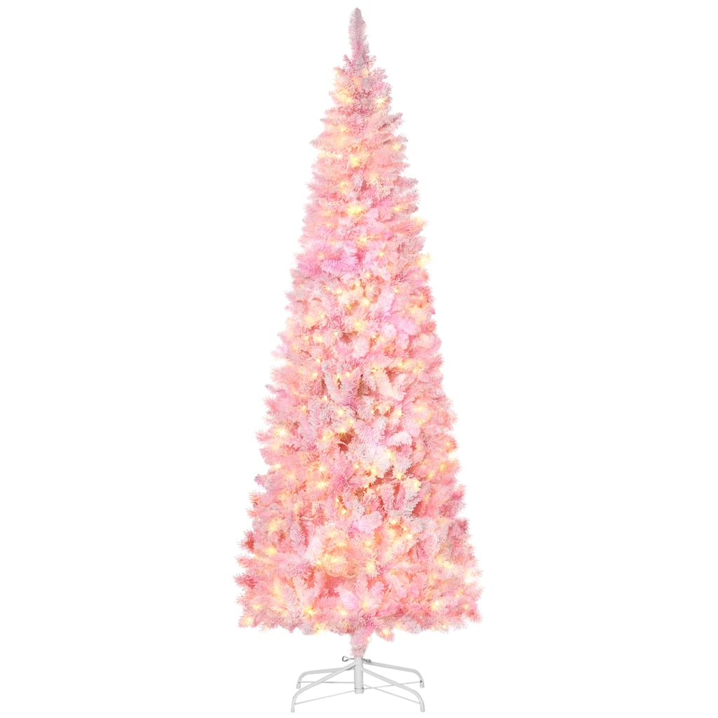 HOMCOM Pre-Lit Snow Flocked Pencil Tree - Realistic Pine Branches, Warm White LED Lights, Auto Open, Pink & White