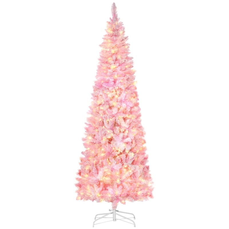 Pre-Lit Snow-Flocked Pink Pencil Christmas Tree with Warm White LED Lights - 6ft & 7.5ft - 7.5 Foot - Pink