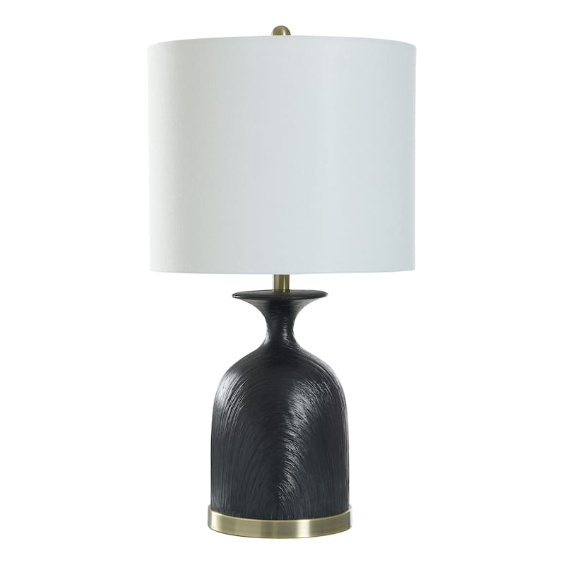Satin Black Table Lamp - Polyresin with Brushed Brass Accents - White Shade - Satin Black, Brushed Brass, White
