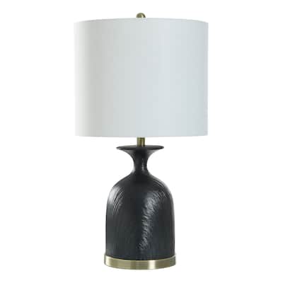 Satin Black Table Lamp - Polyresin with Brushed Brass Accents - White Shade