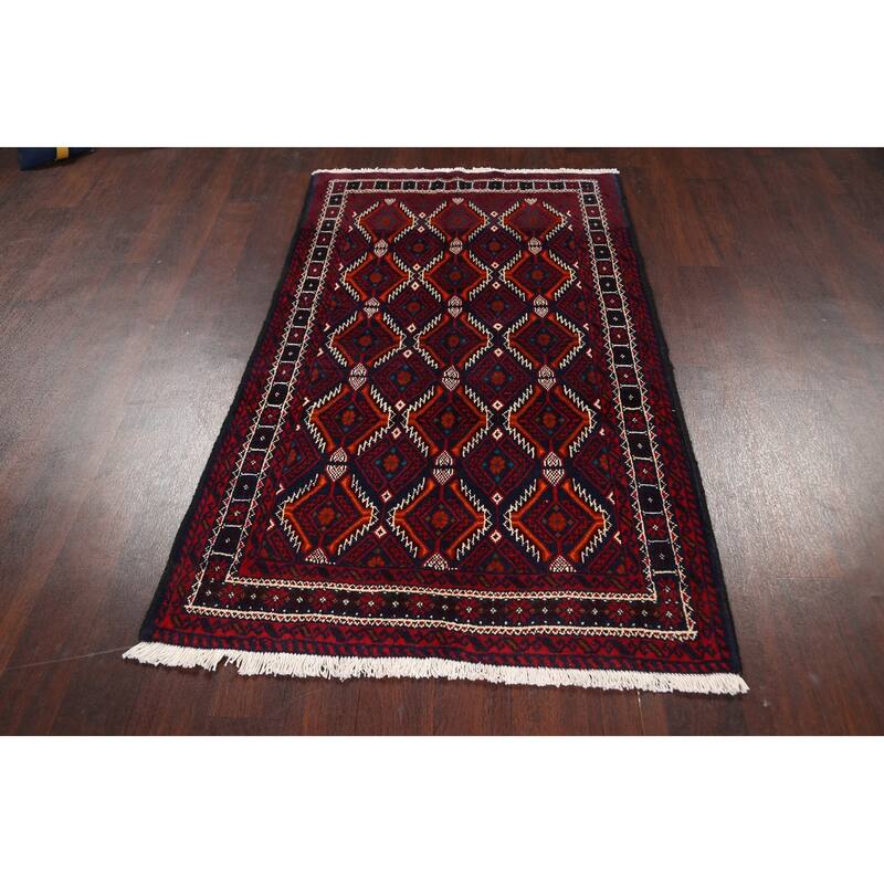 Traditional Geometric Balouch Persian Wool Area Rug Handmade Carpet - 3'4" x 5'6"