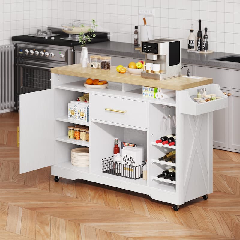 53 Inch Rolling Kitchen Island with Power Outlet And Wine Rack