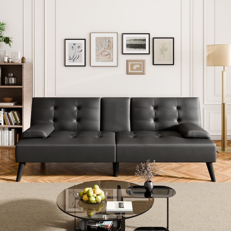 Faux Leather Tight Back Convertible Sofa Bed - Black