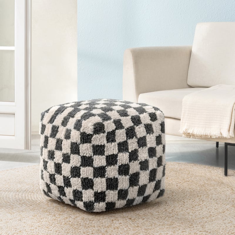 Jani 20-inch Ottoman Pouf - Handcrafted Handmade Ottoman for Seating, Footrest, Home Decor for Living Room, Bedroom - Black/Ivory