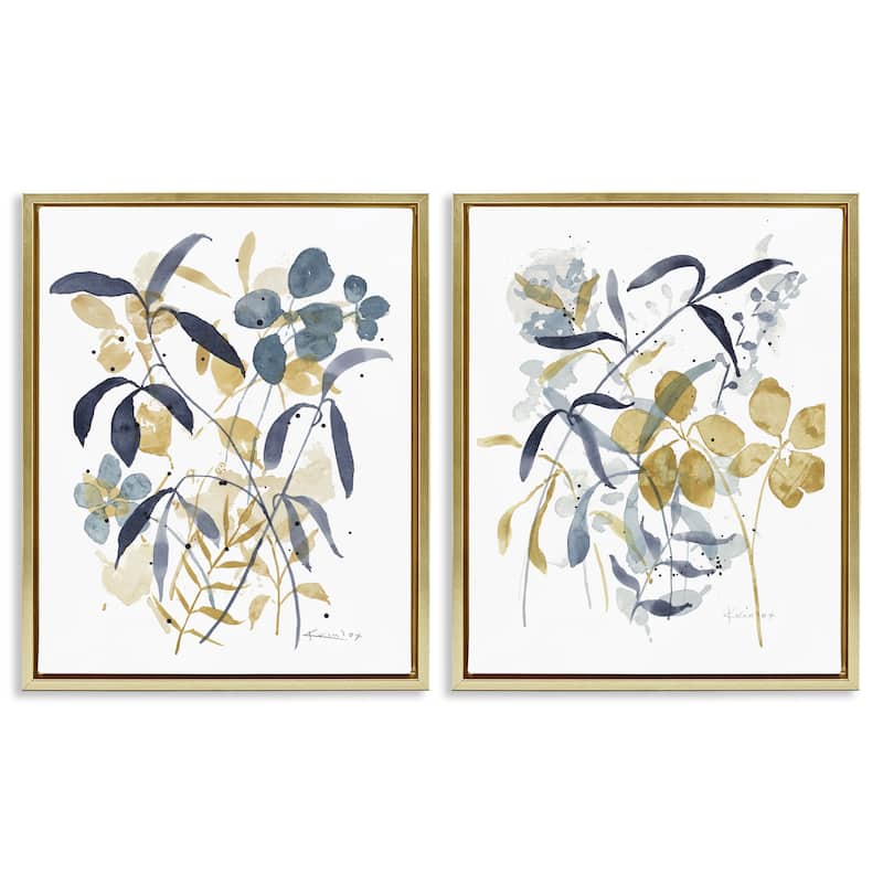 Stupell Whimsy Watercolor Botanicals Framed Floater Canvas Wall Art Design By Krinlox (Set of 2) - 17 x 21 - Gold