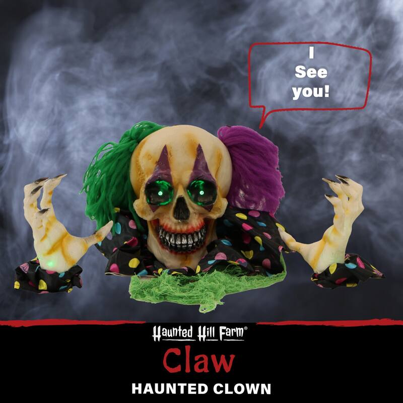 Haunted Hill Farm Groundbreaker Clown, Indoor/Covered Outdoor Halloween Decoration, Flashing Green Eyes, Battery-Operated, Claw
