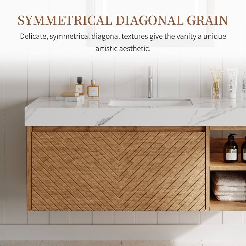 48" Modern Floating Single Bathroom Vanities, Solid Wood, Brown or natural wood, 2 Drawers