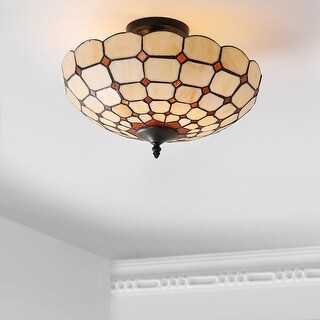 Abner 16" Tiffany-Style Glass/Metal LED Semi-Flush Mount, Cream by JONATHAN Y