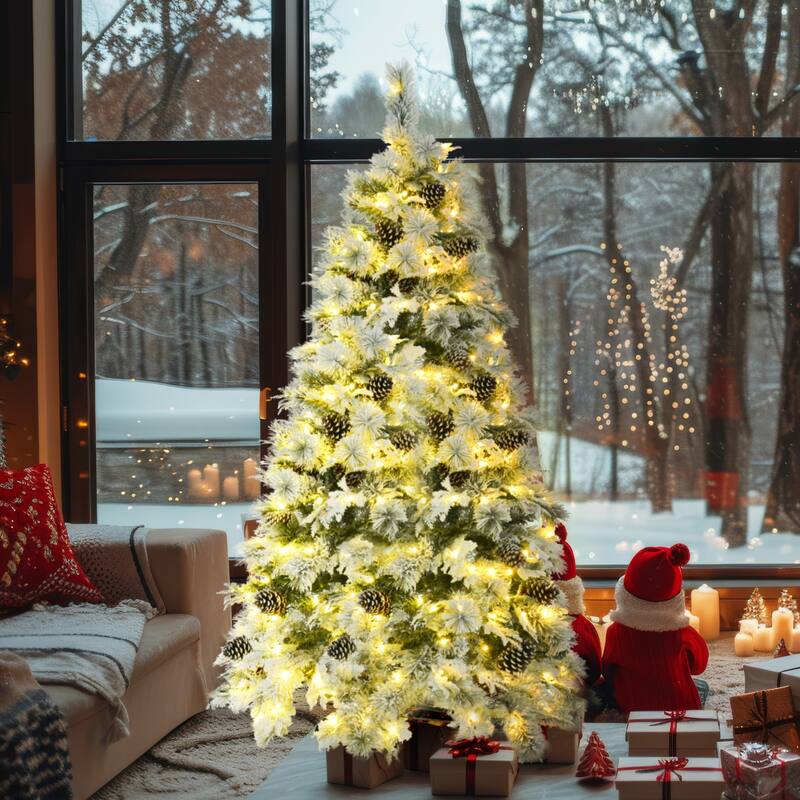 Artificial Snow Flocked Christmas Tree with Pine Cones and LED Lights in Multiple Sizes