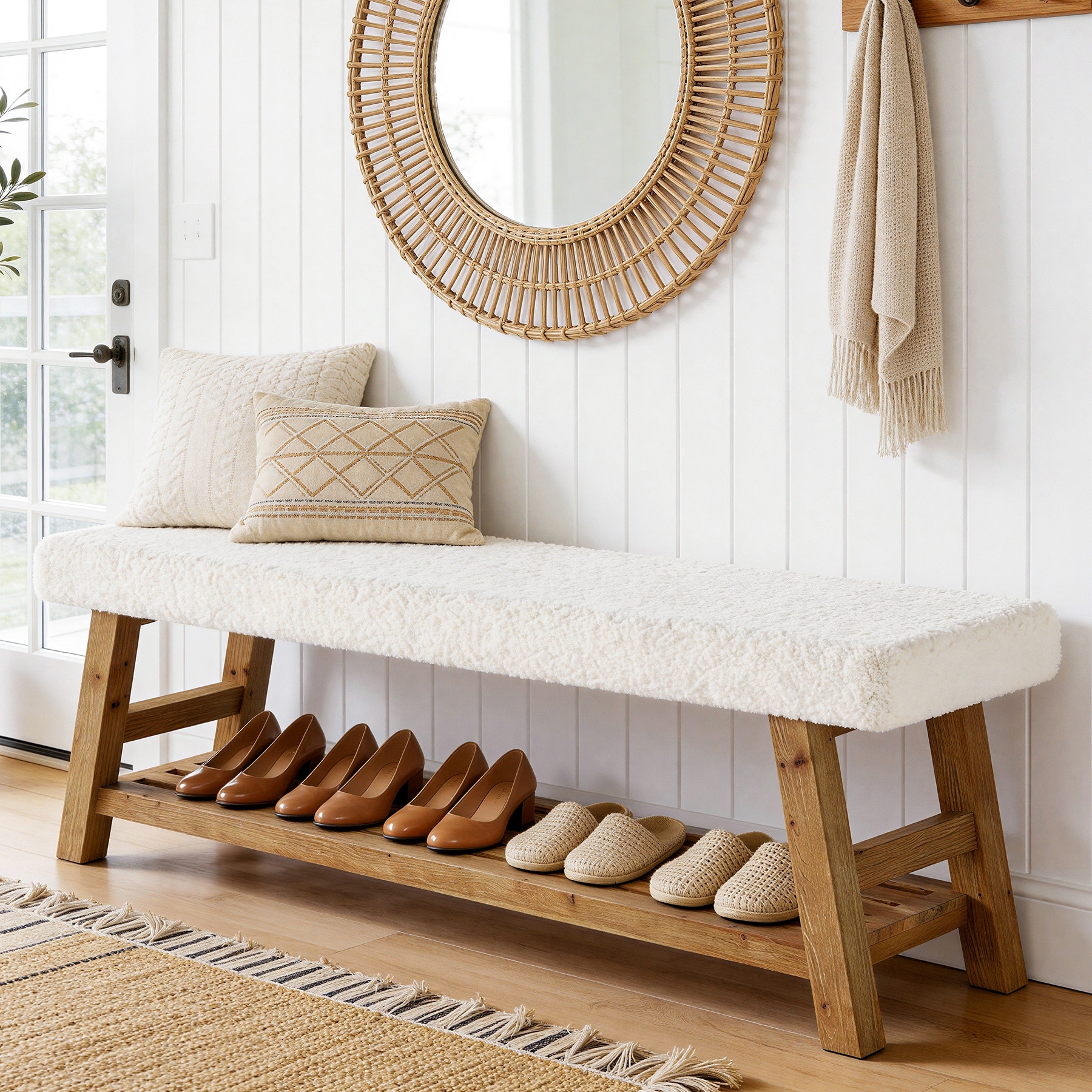 55 Inch Upholstered Shoe Rack Bench with Cushion for Entryway, Bedroom, Kitchen, Dining Room, Solid Wood Bench Seating
