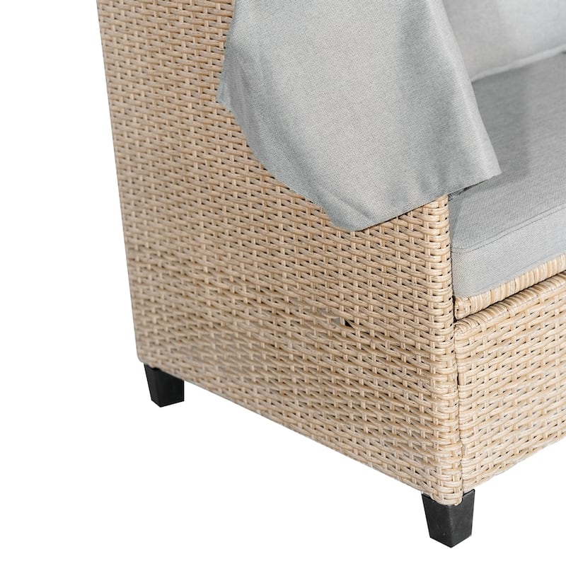 4 Piece UV-Proof Resin Wicker Patio Sofa Set with Retractable Canopy, Cushions and Lifting Table