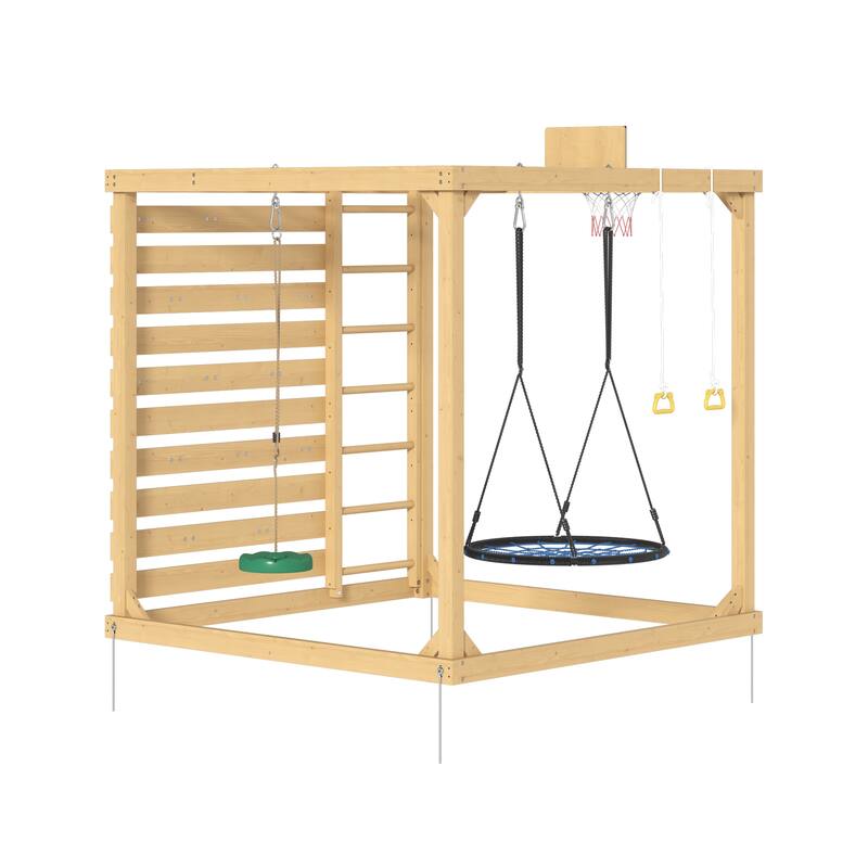 8-in-1 Cedar Wood Outdoor Playset for Backyard, Kids Swing Set with Climbing Wall, Monkey Bars, Basketball Hoop & Sand Box