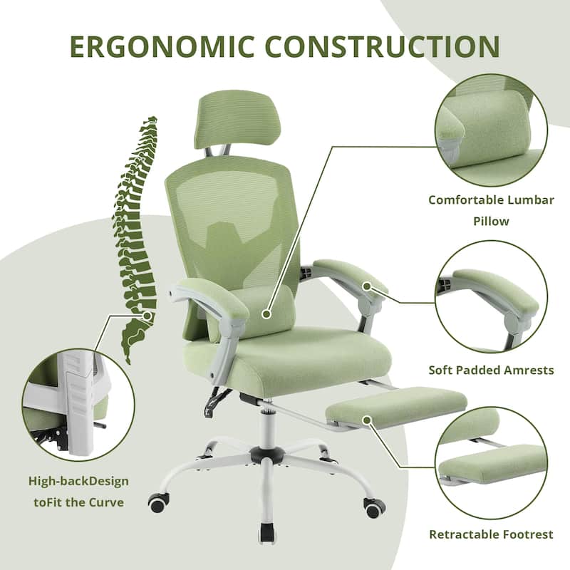 Home Office Desk Chair with Footrest, High-Back Mesh Rolling Swivel Reclining Chairs with Wheels, Comfortable Headrest
