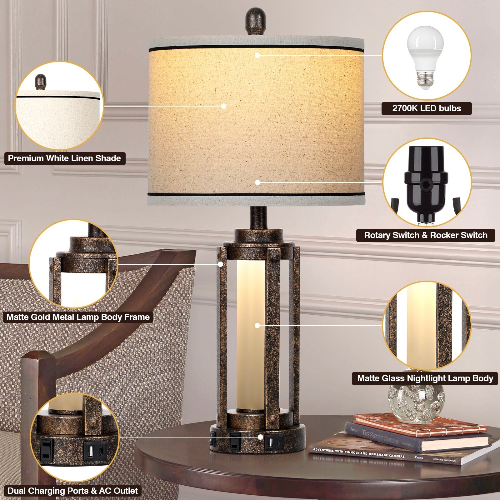 25'' Table Lamps Metal Black Gold Matte Glass Roman-Cylinder Nightlight  2in1 (Set of 2) - 12'' x 12'' x 25'' (L x W x H) - On Sale - Overstock -  40542445, image size:1600x1600