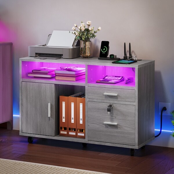 Led Open Filing Light 2-Drawer Wood File Cabinet with Open Shelves, Mobile Lateral Filing ...