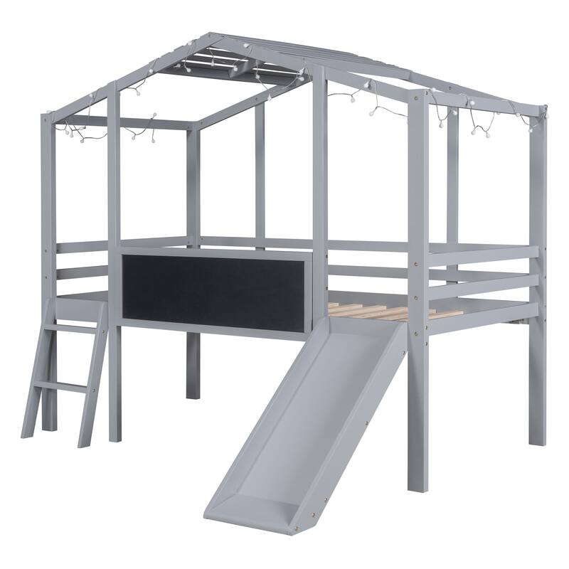 Twin Size Solid Wood Loft Bed with Ladder and Slide, House Bed with Blackboard and Light Strip on the Roof