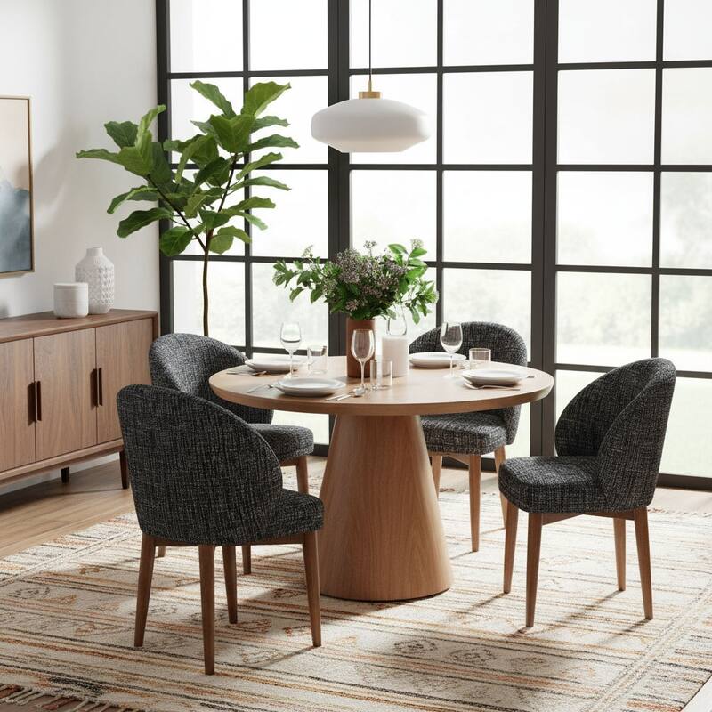 Upholstered Barrel Dining Chair With Walnut Legs (Set of 4) - Black