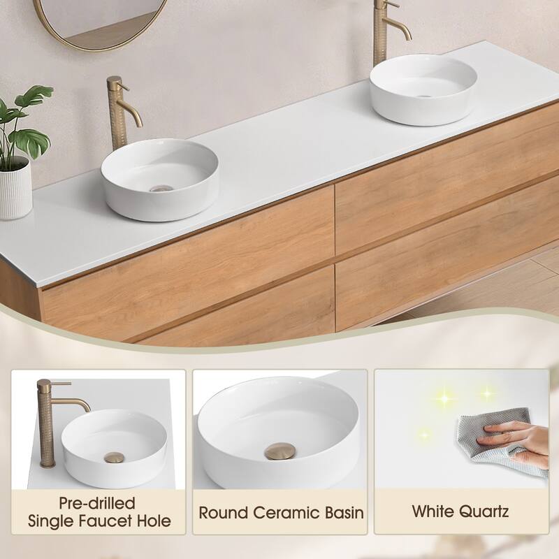 84" Floating Bathroom Vanity Quartz Counter Top with Double Ceramic Vessel Sink