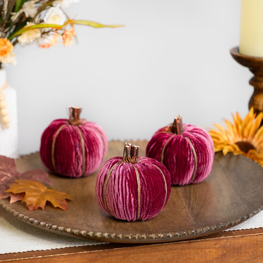 Ribbed Mini Pumpkin Fall Harvest Decorations - 3.5" - Wine Red - Set of 3
