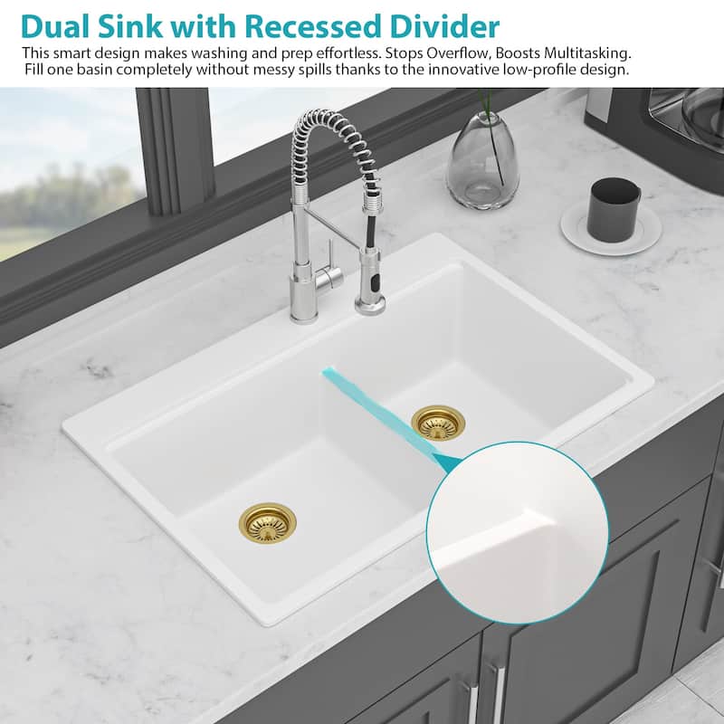33 Inch Drop-in Double Bowl Quartz Kitchen Sink - 33'' x 22'' x 9.65''