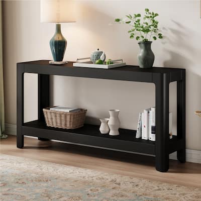 Rounded Corners Console Table with Open Storage Shelf, Wood Veneer Hallway Tables Entryway Table, 2-Tier Sofa Table Black