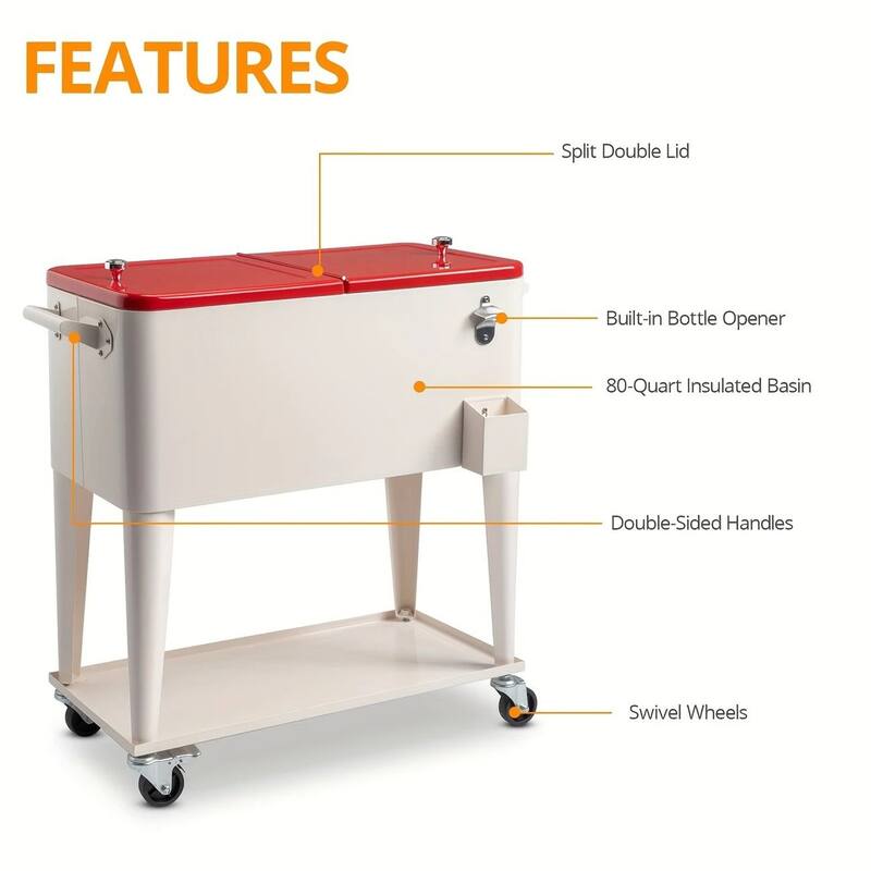 80 Quart Portable Rolling Cooler Cart with Shelf & Bottle Opener