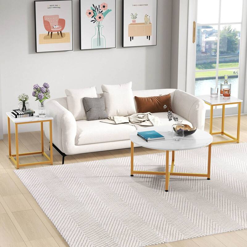 Costway 3 PCS Coffee Table Set Round Coffee Table and 2PCS Square End - See Details