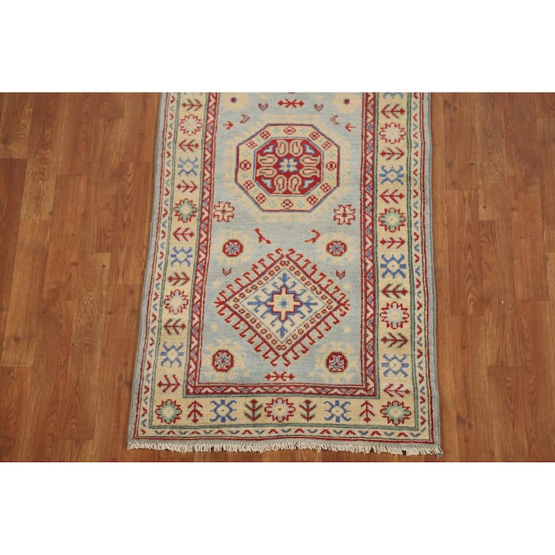 Light Blue Kazak Runner Rug Handmade Oriental Wool Carpet - 2'6" x 15'0"