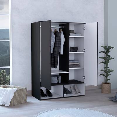 Rectangle 2-Door Armoire w/Shelves and Hanging Rod & Shoe Cabinet