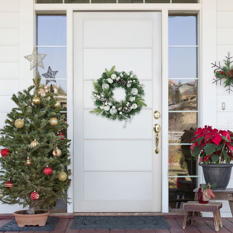 Green Pine Frosted Artificial Christmas Wreath Laced Ornaments 24"