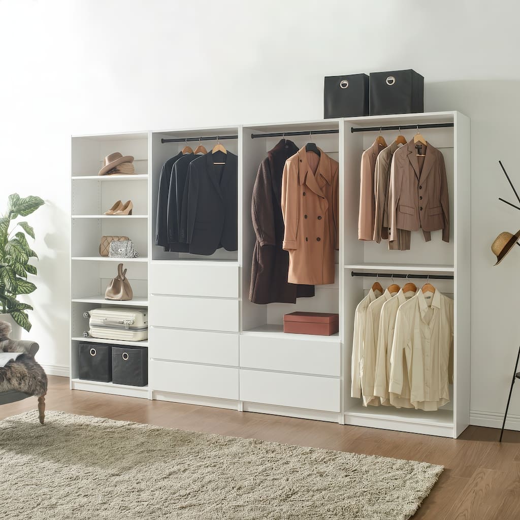 Prosper White Freestanding Walk in Wood Closet System - 125.6"W x 15.7"D x 83" H