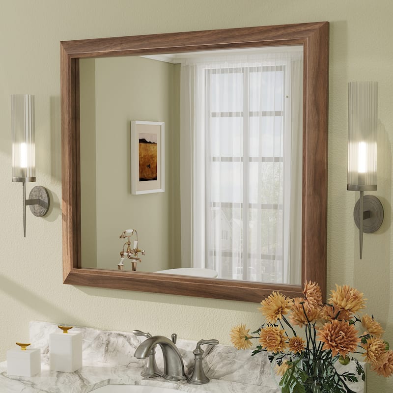 Beveled Metal Rectangle Framed Bathroom Vanity Tempered Glass Mirrors - 36" x 32" - Dark Brown