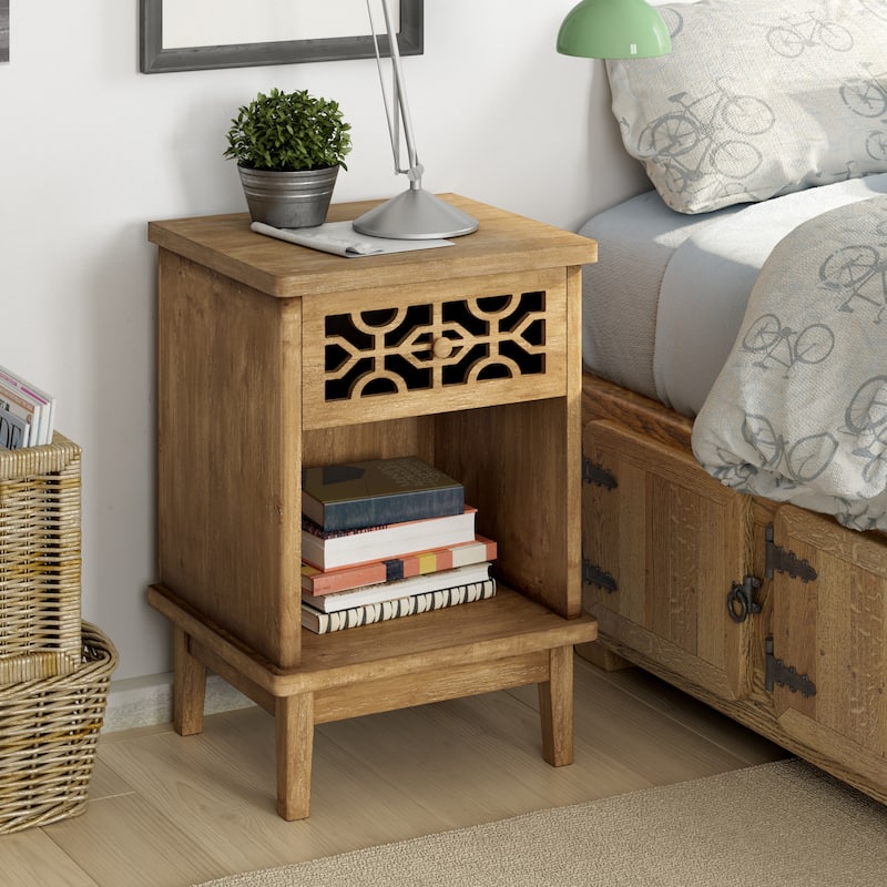 COZAYH Retro Rustic Nightstand Solid Fir End Table Side Table with Hand Carved Front and Open Shelf for Boho, Farmhouse