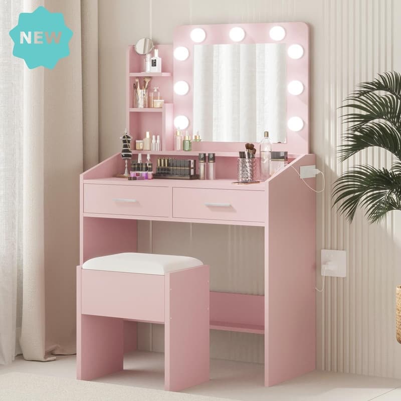 Makeup Vanity Desk with Mirror and Stool, Charging Station, 2 Drawers, 3 Shelves - Pink