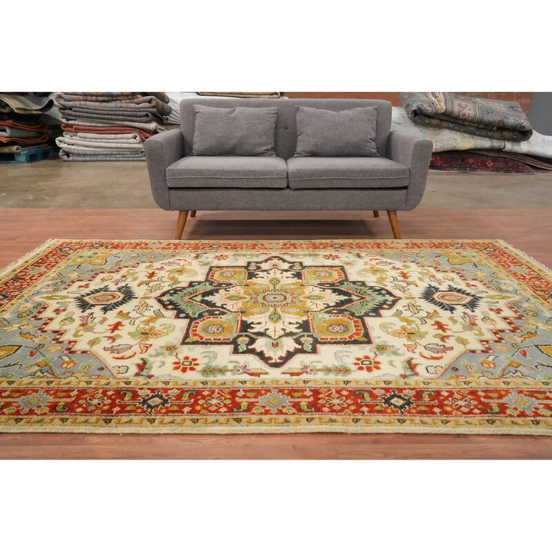Hand Knotted Oriental 100% Wool Carpet Transitional Floral Beige & Ivories Oushak Area Rug - 9' 0'' X 5' 10''