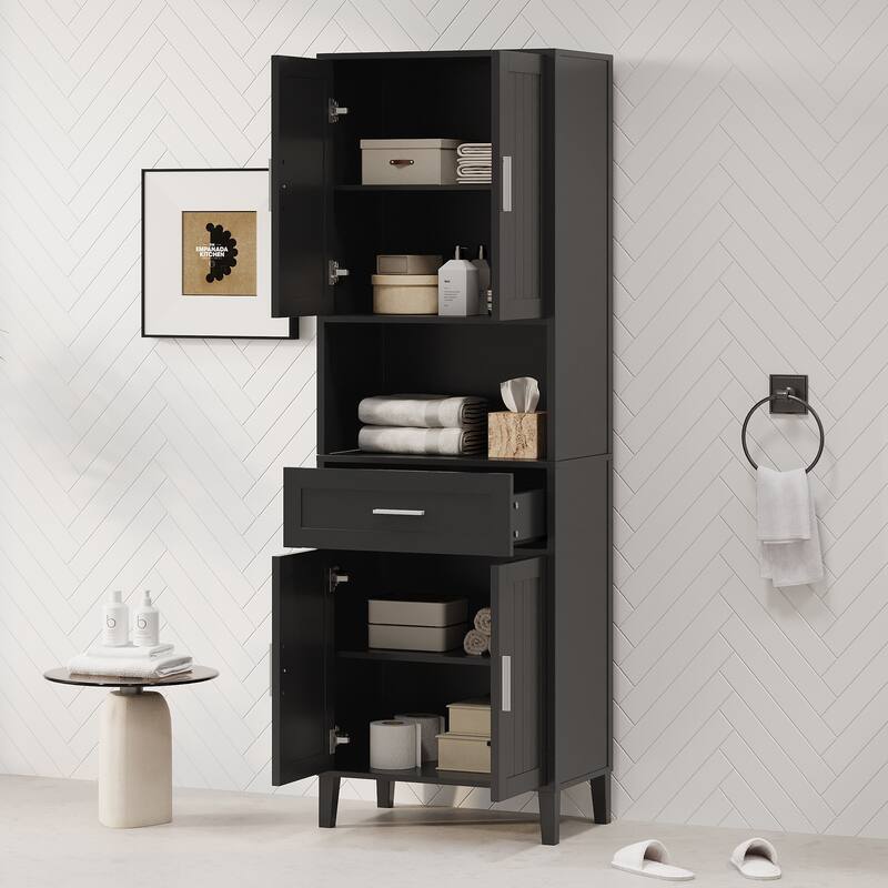 70.9" High Freestanding Tall Bathroom Cabinet with a Drawer, 2 Cabinets, 4 Soft-Close Doors, 2 Adjustable Shelves, Open Storage