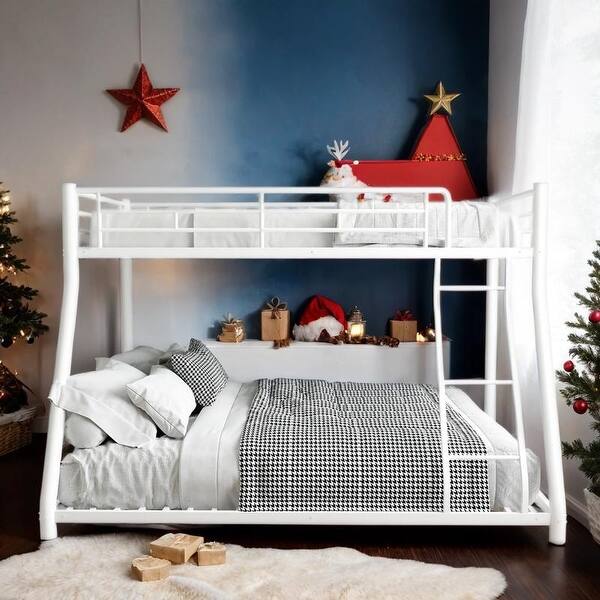 slide 2 of 15, Stylish Metal Twin Over Full Size Bunk Bed with Removable Stairs, Heavy Duty Sturdy Frame with 12" Under-Bed Storage White