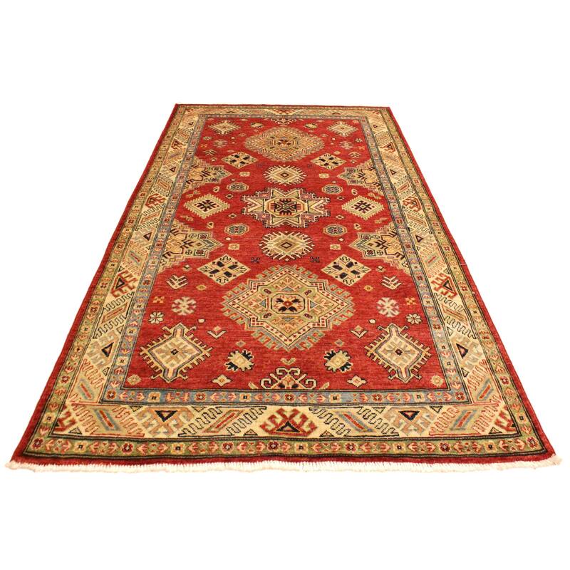 Tribal Super Kazak Amaris Red/Tan Hand Knotted Wool Rug - 4'1'' x 6'3''