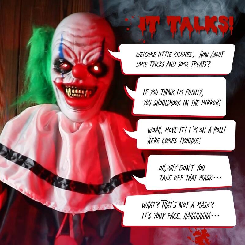 2.6 Ft. Animated Clown Decoration With Creepy Red LED Eyes Halloween Decoration
