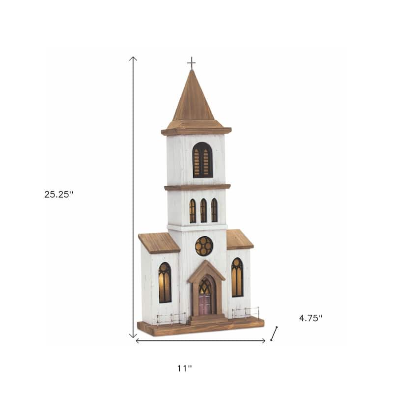 HomeRoots 25" Brown And White Wood And Metal Church Tabletop Sculpture - 11' X '25.25' X '4.75