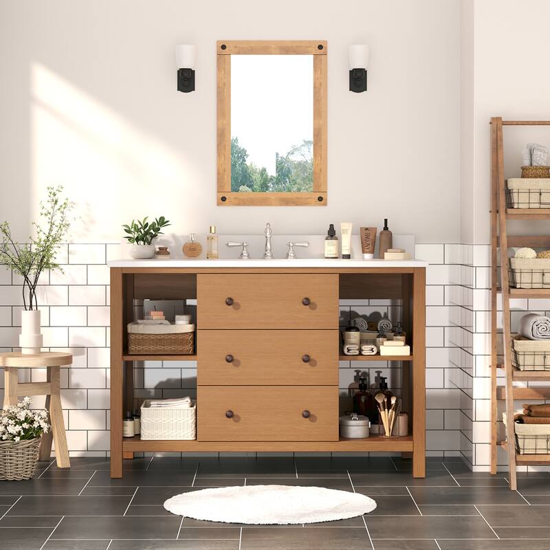 48-Inch Bathroom Vanity with Single Sink - Wood Grain Finish, Space-Saving - Beige