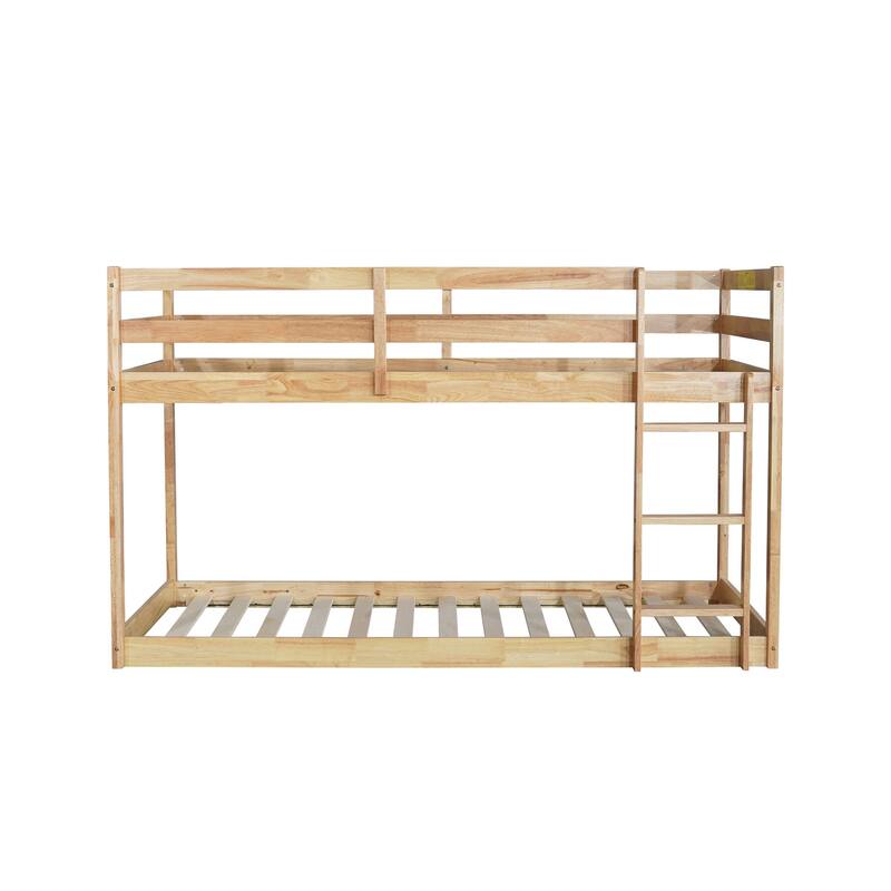 Wooden Twin over Twin Floor Bunk Bed with Ladder ,Upper and Bottom Bed Platforms
