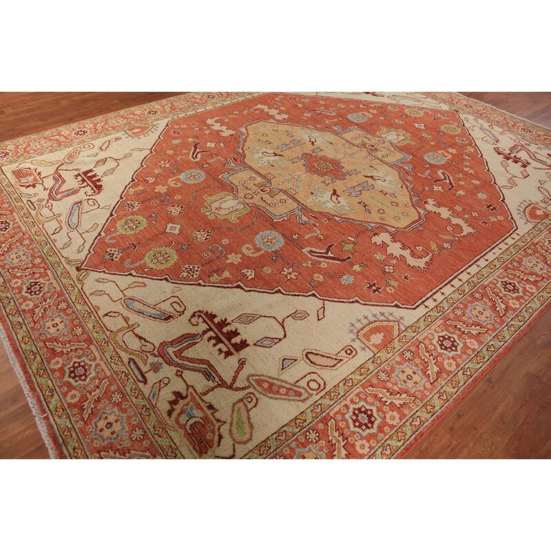 Vegetable Dye Orange Heriz Serapi Oriental Rug Handmade Wool Carpet - 8'11"x 11'8"