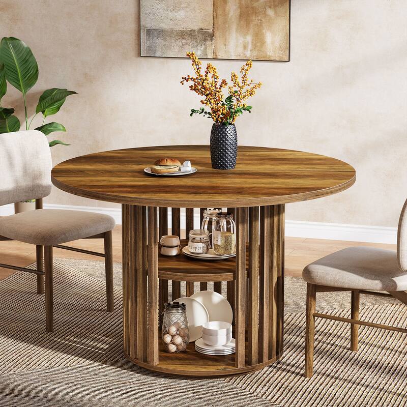 47 Inch Round Dining Table with 2-tier Storage and Solid Wood Base - 47.24" D x 47.24" W x 29.53" H
