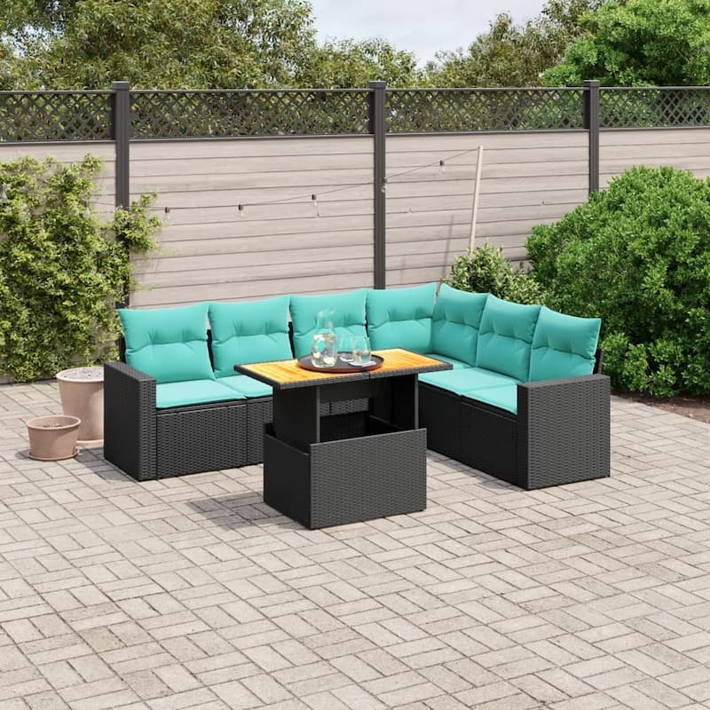 vidaXL 7 Piece Patio Sofa Set with Cushions Black Poly Rattan - 24.4" x 24.4" x 27.2"