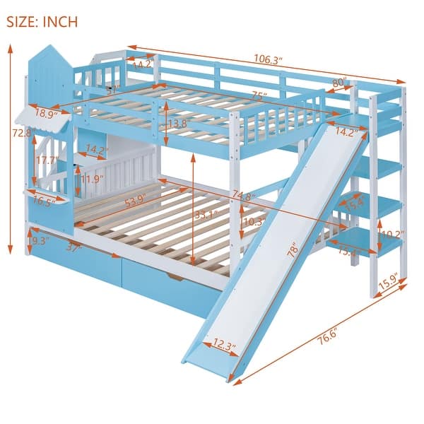 Full-Over-Full Castle Style Bunk Bed with 2 Drawers 3 Shelves and Slide - Blue