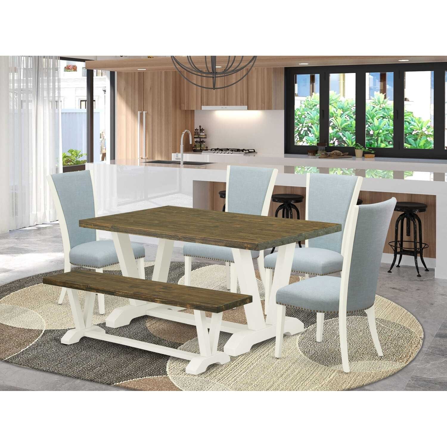 HomeStock 6-Piece Rectangle Distressed Jacobean Finish Solid Wood Top Dining Table with 1-Bench, 4-Chairs