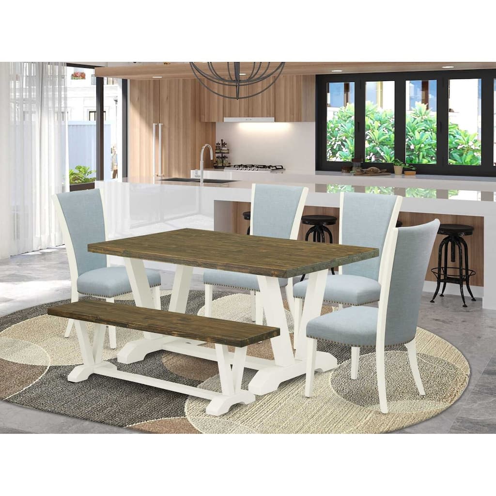 HomeStock 6-Piece Rectangle Distressed Jacobean Finish Solid Wood Top Dining Table with 1-Bench, 4-Chairs