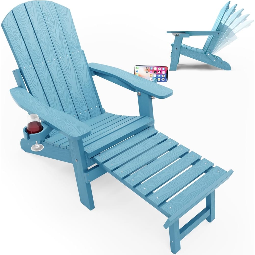WINSOON All Weather HIPS Folding Adirondack Chair with Adjustable Backrest and Retractable Ottoman